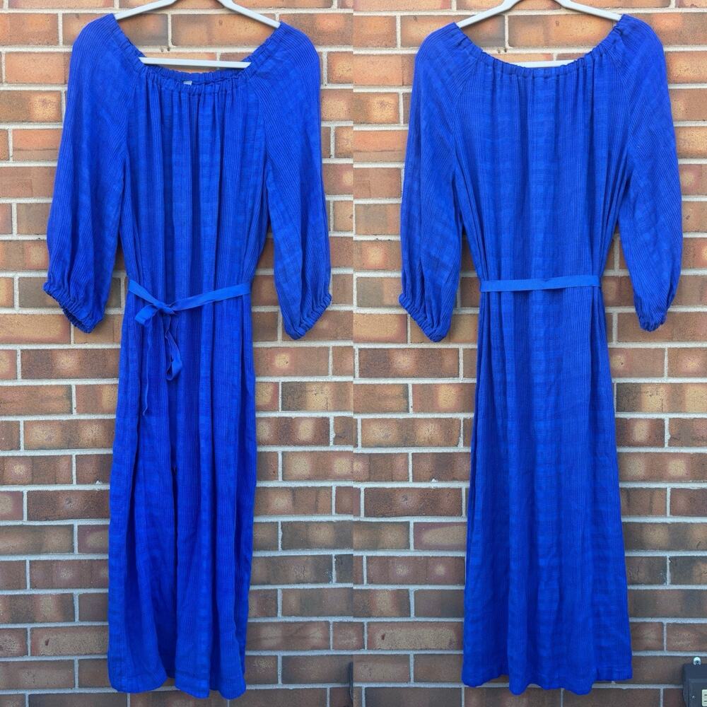 Raquel Allegra Rayon Linen Blend Blue Tie Belt Midi Dress Sz 1 S California